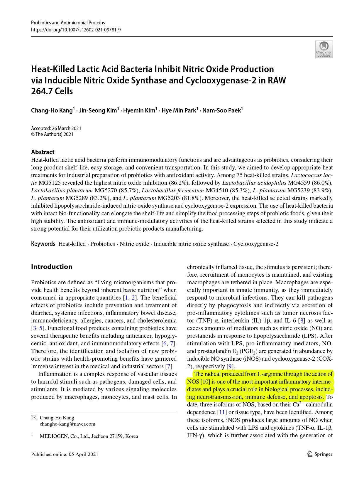 36. Heat Killed Lactic Acid Bacteria Inhibit Nitric Oxide Production via Inducible Nitric Oxide Synthase and Cyclooxyge