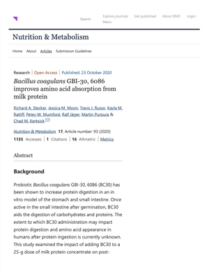 Bacillus coagulans GBI-30, 6086 improves amino acid absorption from milk protein _ Nutrition & Metabolism