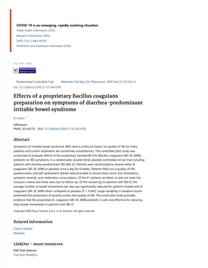 Effects of a proprietary Bacillus coagulans preparation on symptoms of diarrhea-predominant irritable bowel syndrome - PubMed